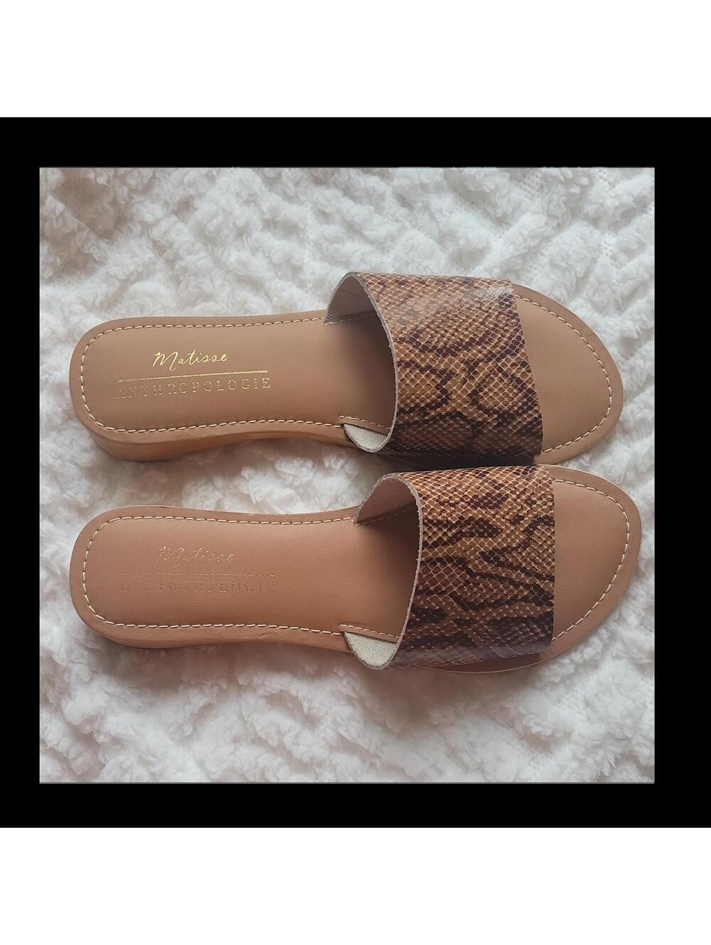 Anthropologie Women's Brown Snake Print Leather Slide Sandals "Havana" Slip On